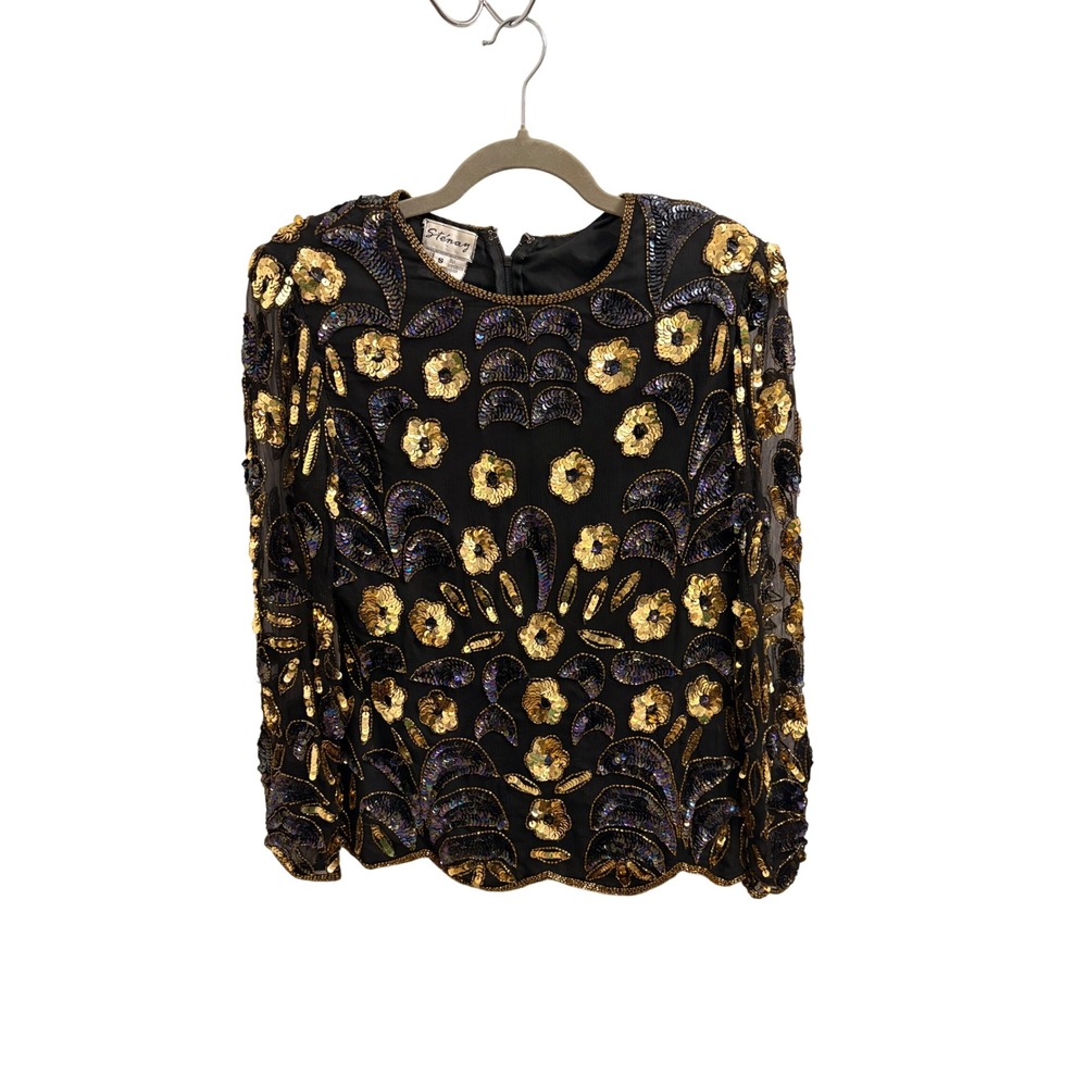 Stenay Vintage 80s Silk Sequin Beaded Top Gold Black Floral Evening Blouse Small